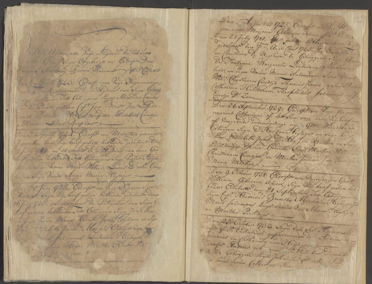 Two pages of an old handwritten Dutch baptism book, each entry ending in a list of witnesses.
