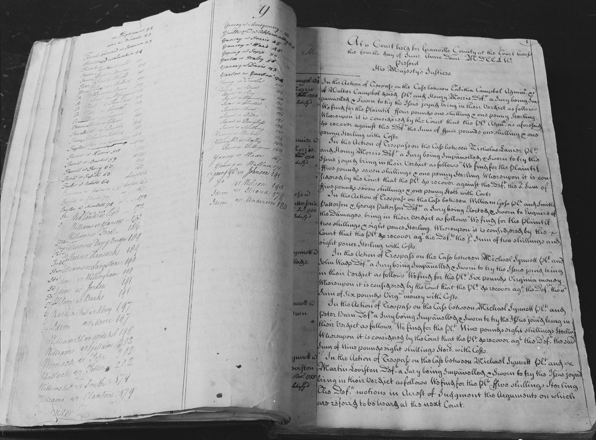 An open bound court record book photographed in 1939, with a hand-written index of lawsuits on the left page and the first page of handwritten court entries from 1754 on the right.