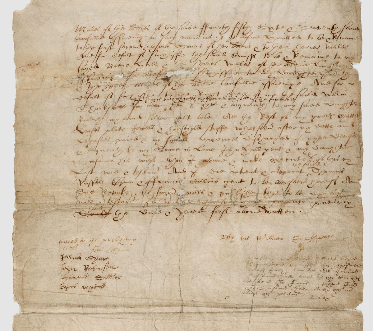 The last page of a handwritten will, with a signature and five witness names.