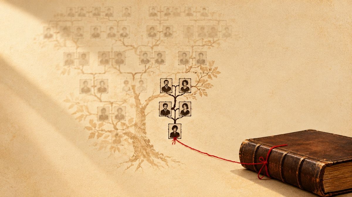 An illustration of a family tree made of photocopies of photocopies, each generation fainter than the last, with one branch drawn in solid ink and tied by a thread to a bound register book.