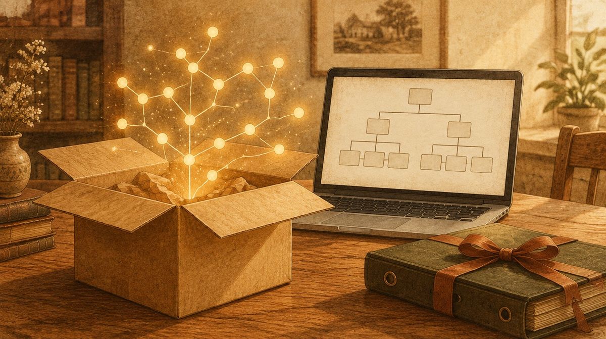 An illustration of an opened delivery box on a wooden table, out of which rise a small glowing graph of linked nodes, a laptop showing a family tree, and a ribbon-tied binder, with no readable text on any of them.