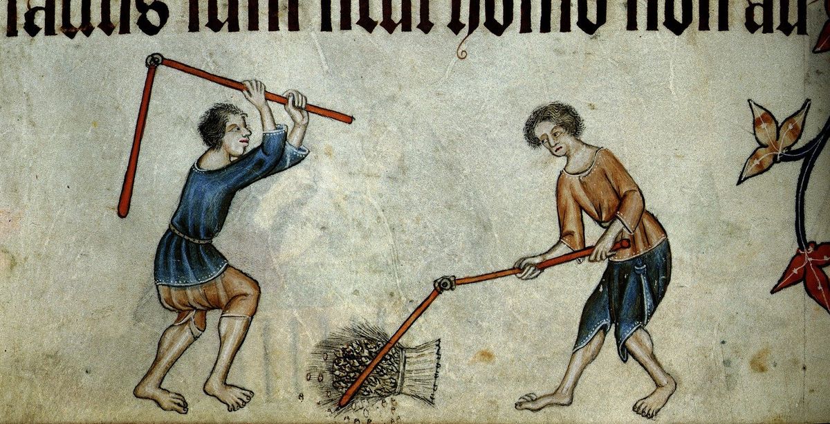 Two barefoot men in tunics beating a bound sheaf of grain with long flails in the margin of a medieval manuscript.