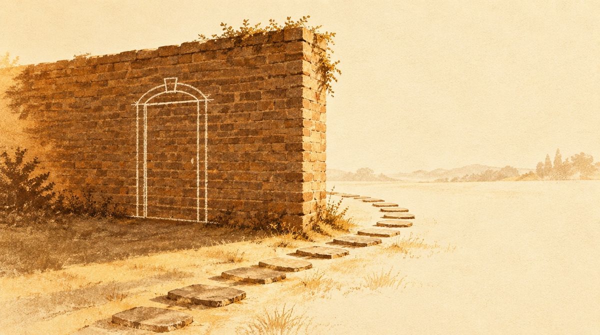 An illustration of a brick wall with a doorway drawn on it in chalk, and a path of stepping stones leading around the end of the wall instead of through it.