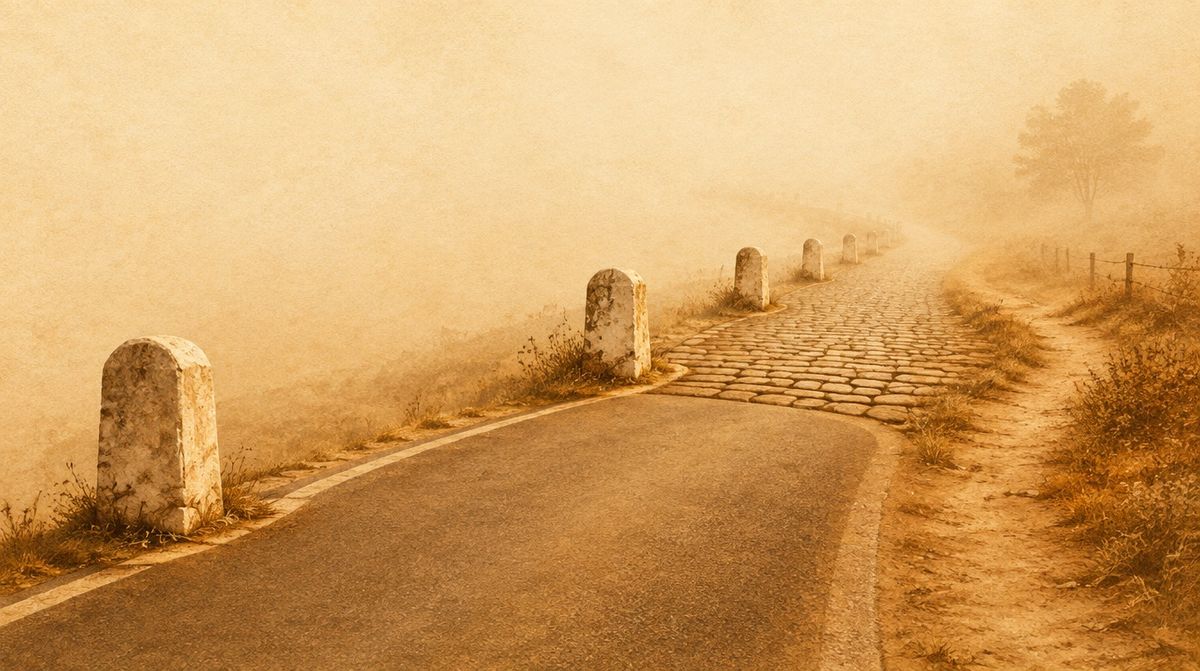 An illustration of a timeline drawn as a road receding into fog, its mile markers reading 1950, 1850, 1750, 1650 and 1550 as the pavement turns to cobblestone and then to a footpath.