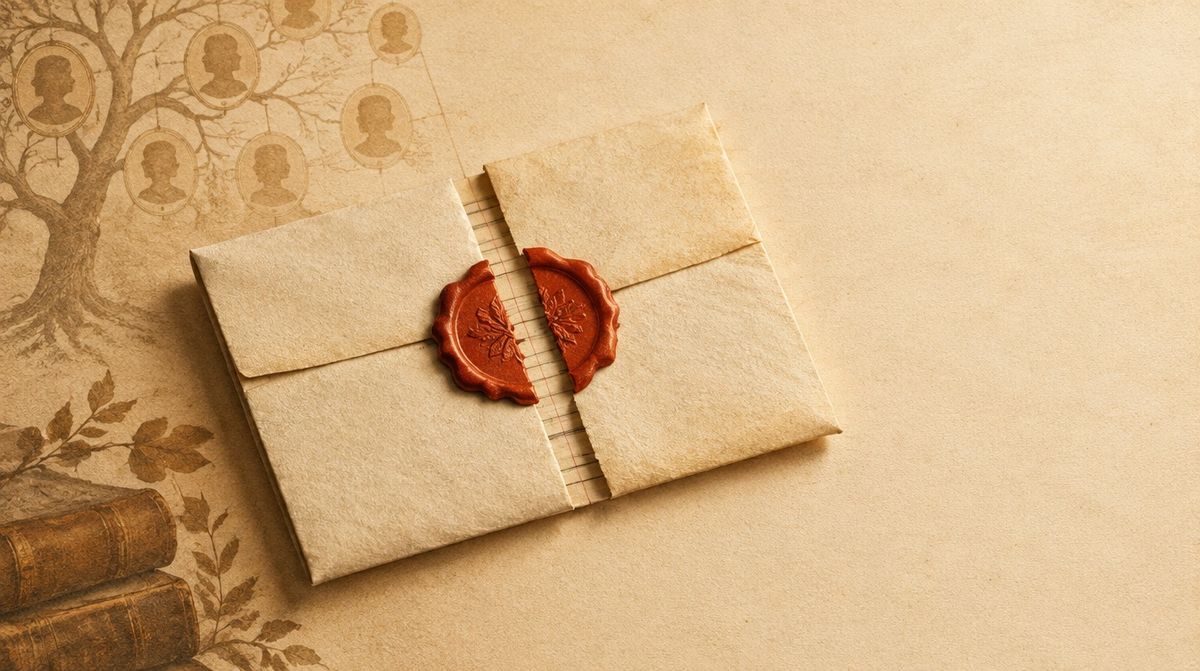 A wax seal stamped with the word maybe on a folded letter, cracked neatly in half to show a ledger line beneath it.