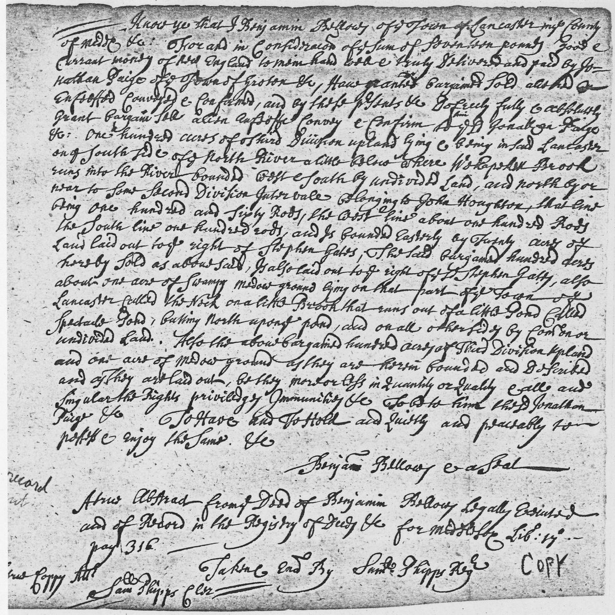A handwritten deed abstract for land in Lancaster, Massachusetts, marked COPY.