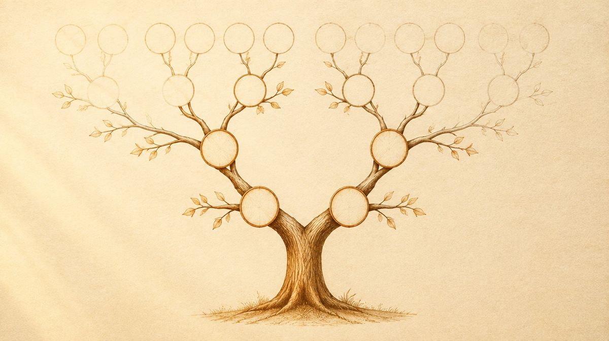 An illustration of a blank four-generation pedigree chart drawn as a tree, the trunk labeled "you," the first two branches filled in with pencil and the rest left as faint outlines.