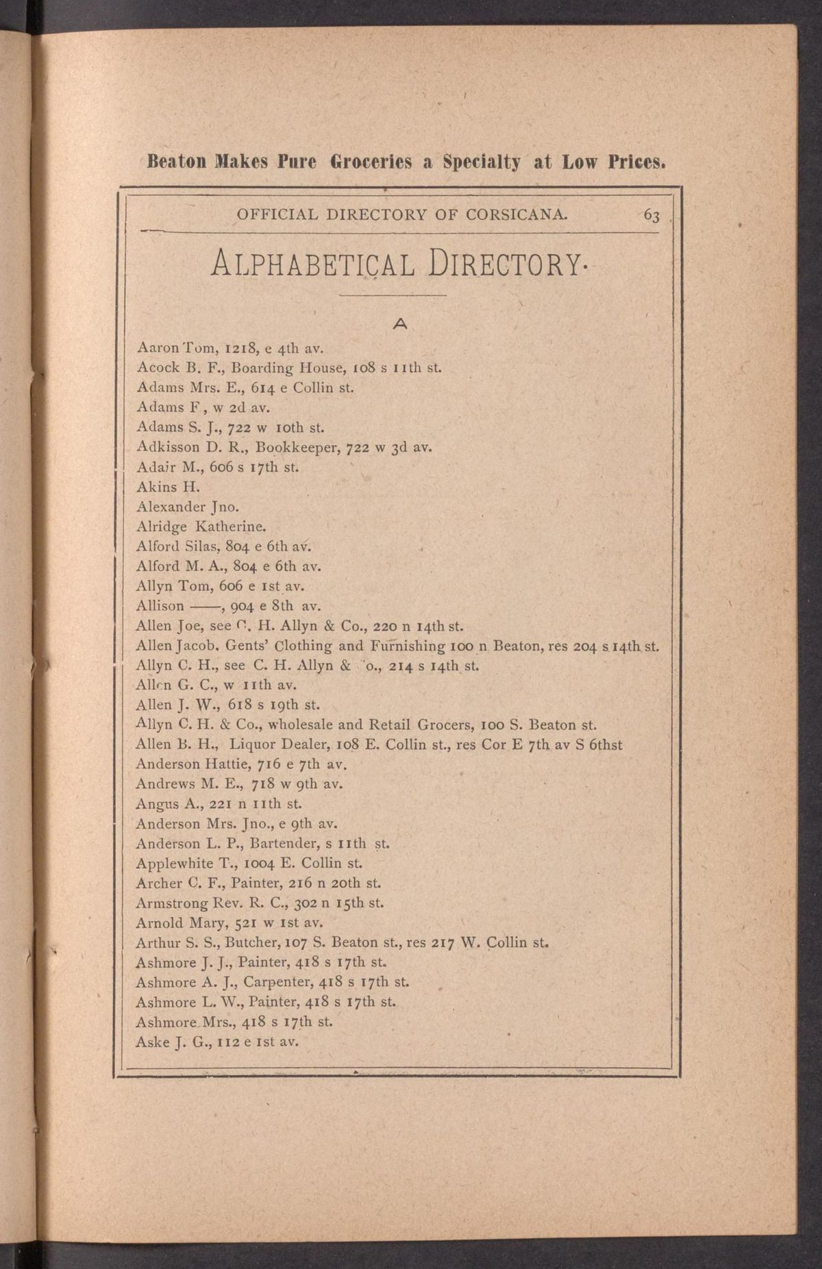 A printed directory page headed Alphabetical Directory, listing surnames, trades and street addresses.