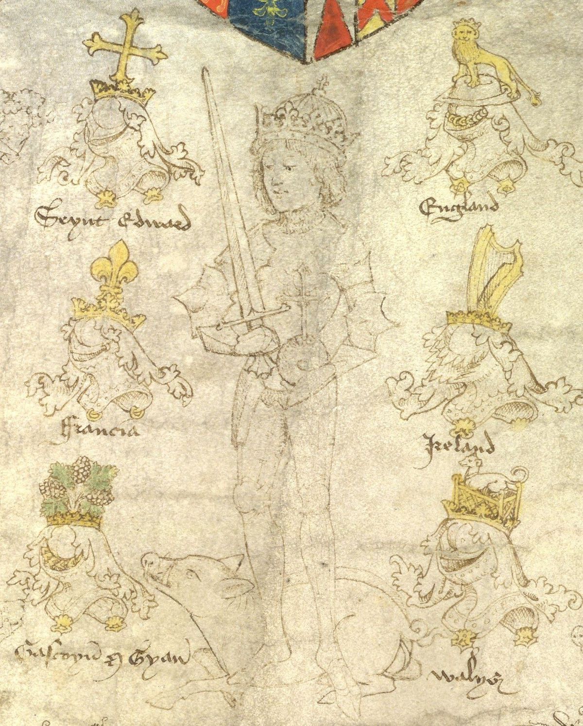 Pen drawing of a crowned king in armor holding a sword, a boar at his feet, with six labeled helmets and crests around him.