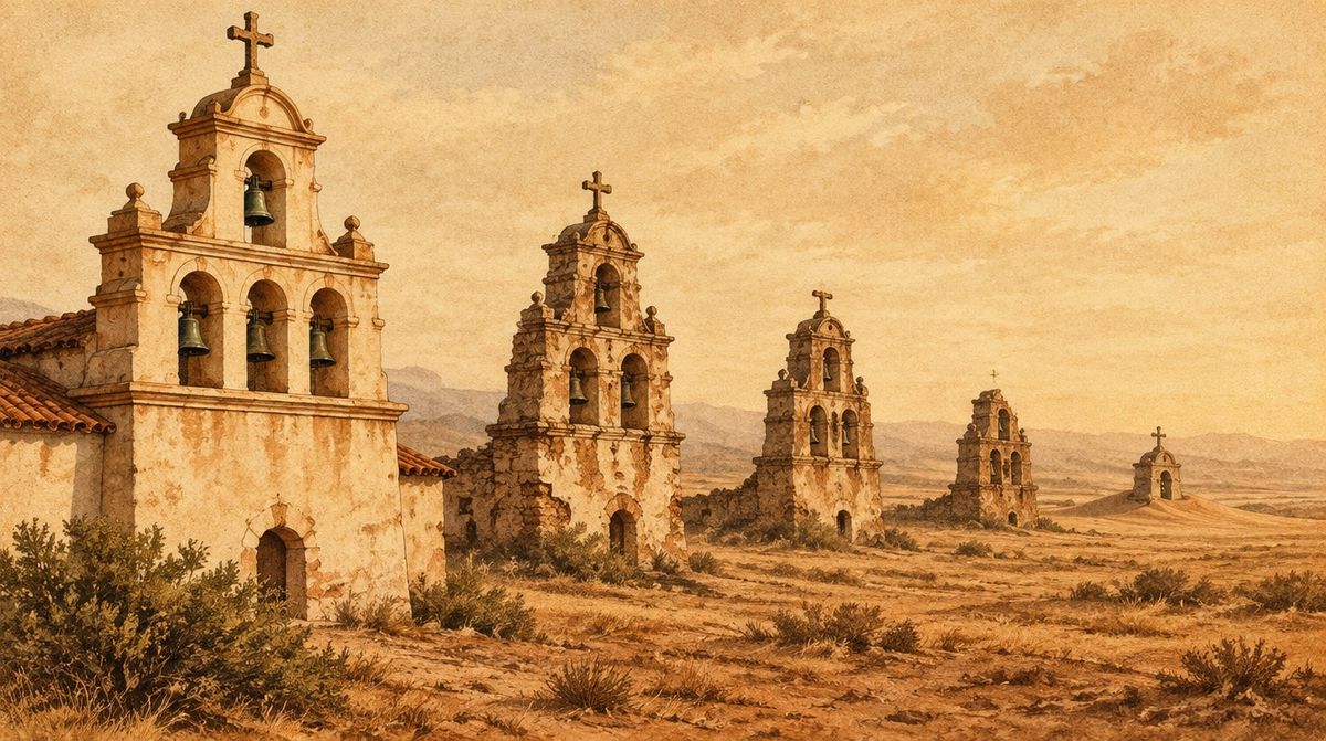 An illustration of a row of mission bell towers receding toward the horizon, each tower's bell dated a century earlier than the one before it, the farthest tower half-buried in sand.