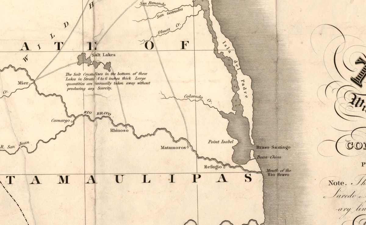 A detail of an 1830 map of Texas and Tamaulipas showing the Rio Bravo with the towns Rhinoso, Matamoros and Refugio, a coastal lagoon and the long barrier island labeled Isla del Padre.
