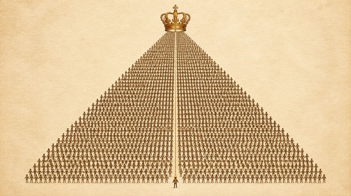 An illustration of a crown resting on an enormous pyramid of tiny identical stick figures, with one thin golden thread running from the crown down to a single figure at the bottom.
