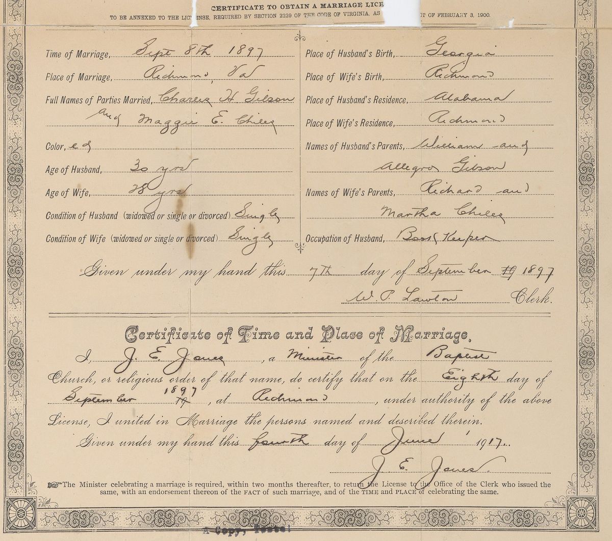 The lower half of a handwritten marriage license and certificate with an ornamental border, listing ages, birthplaces and parents' names.