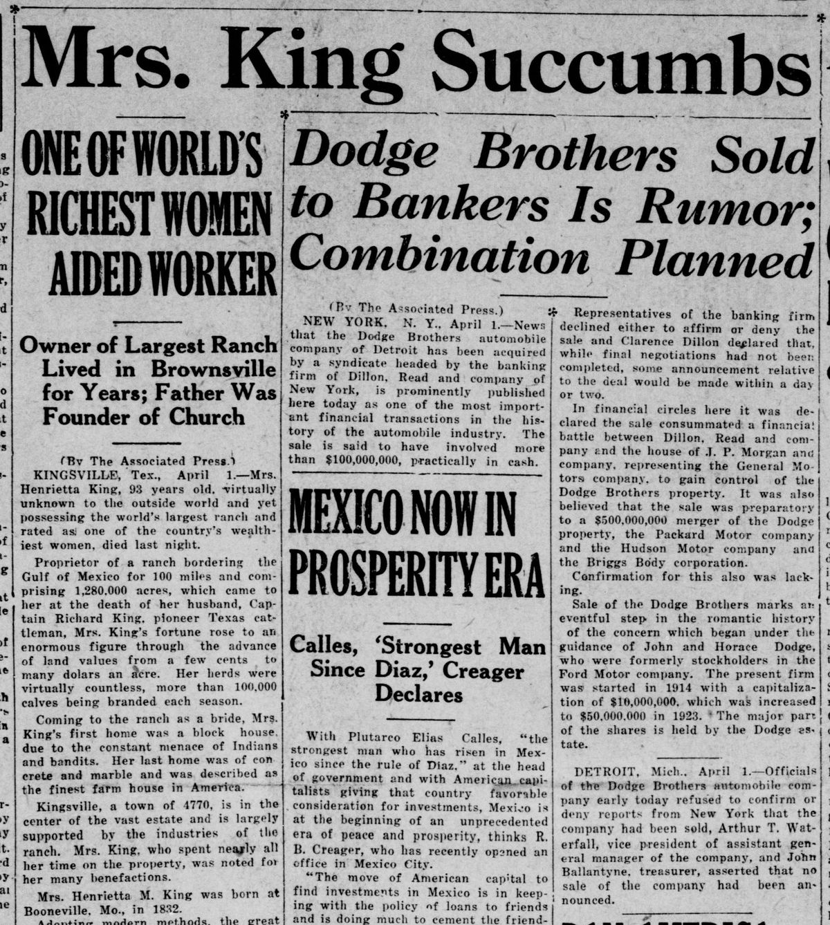 A newspaper front page crop with the large headline Mrs. King Succumbs above a column of text and a second story about the Dodge Brothers.