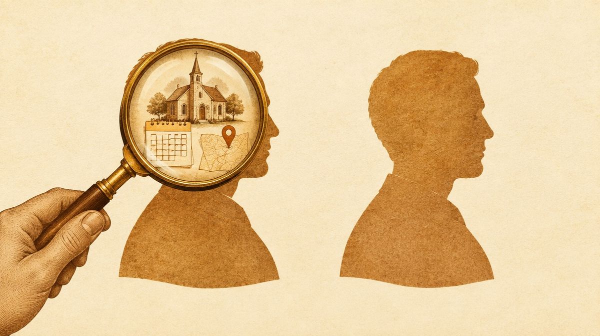 An illustration of two identical silhouettes side by side, with a magnifying glass over one revealing a date, a place and a cross while the other stays blank.