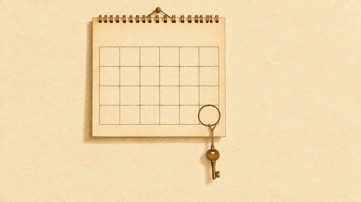 An illustration of a calendar page showing fourteen days, the last square circled in red, with a small key dangling from it on a string.