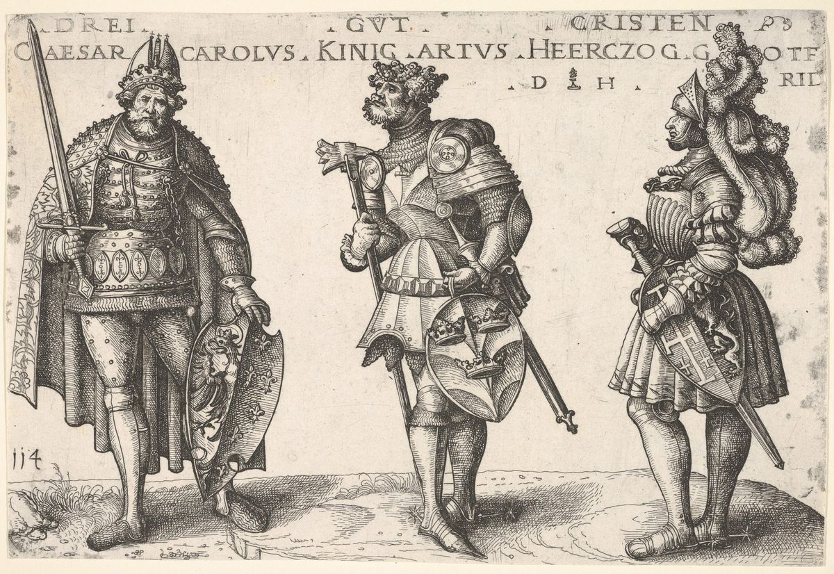 An etching of three standing armored men under printed labels; the one at left wears a crown and cloak, holds a sword upright and carries a shield with an eagle and fleurs-de-lis.