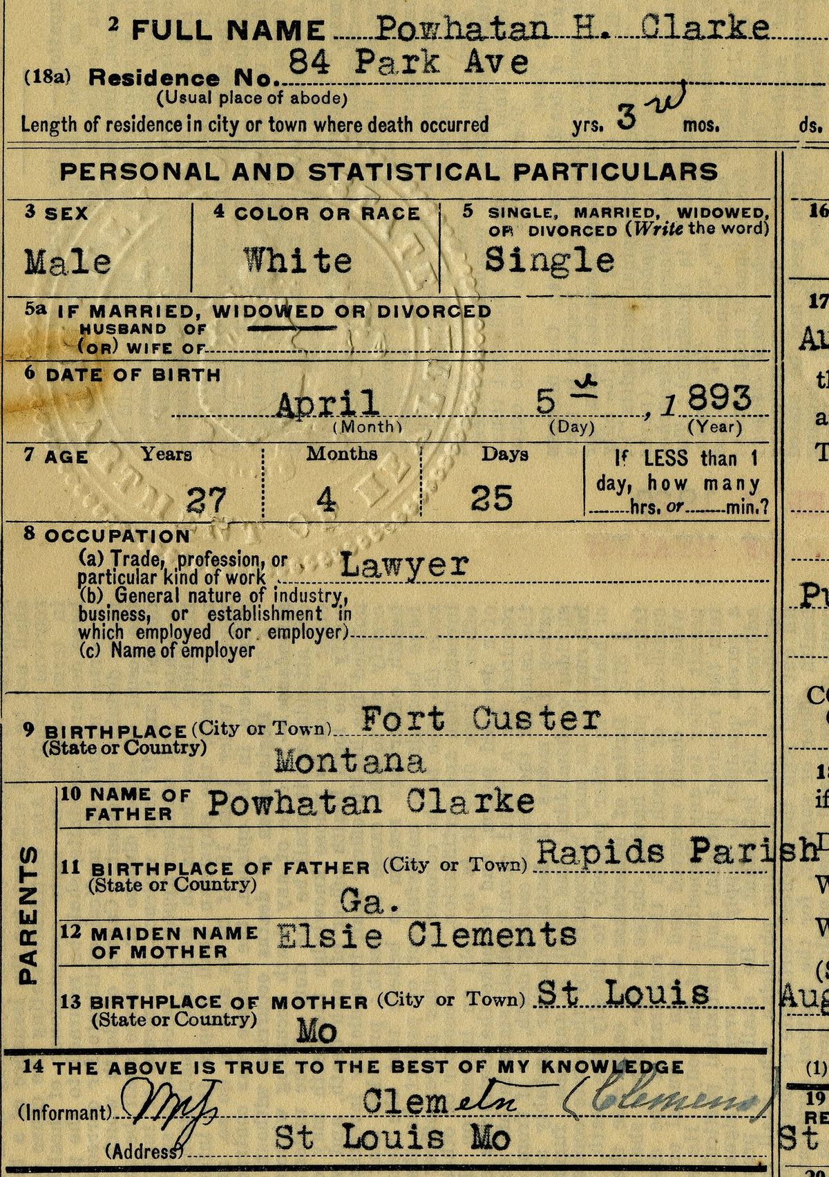 The left side of a typed 1920 death certificate showing a lawyer's date of birth, birthplace, and the names and birthplaces of his father and mother.