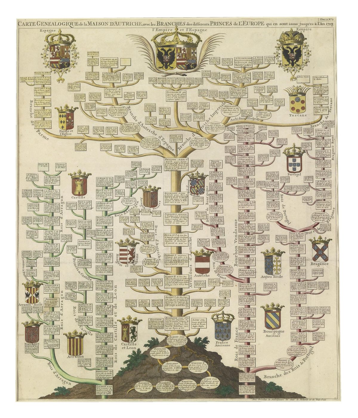 Tall engraved family tree with a golden trunk, many name boxes and coats of arms.