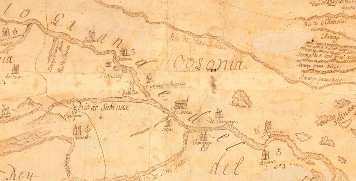 A hand-drawn colonial map detail of the Rio Grande with small church symbols labeled Laredo, Dolores, Revilla, Mier, Camargo and Reynosa.
