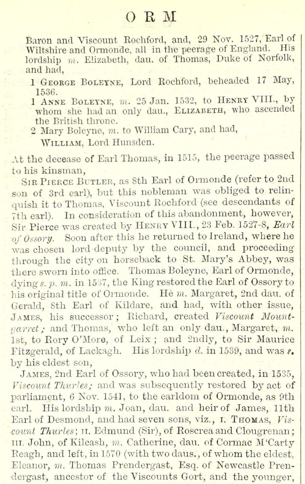 Column of printed text from a Victorian peerage reference, headed O R M, with indented entries for George, Anne and Mary Boleyne.