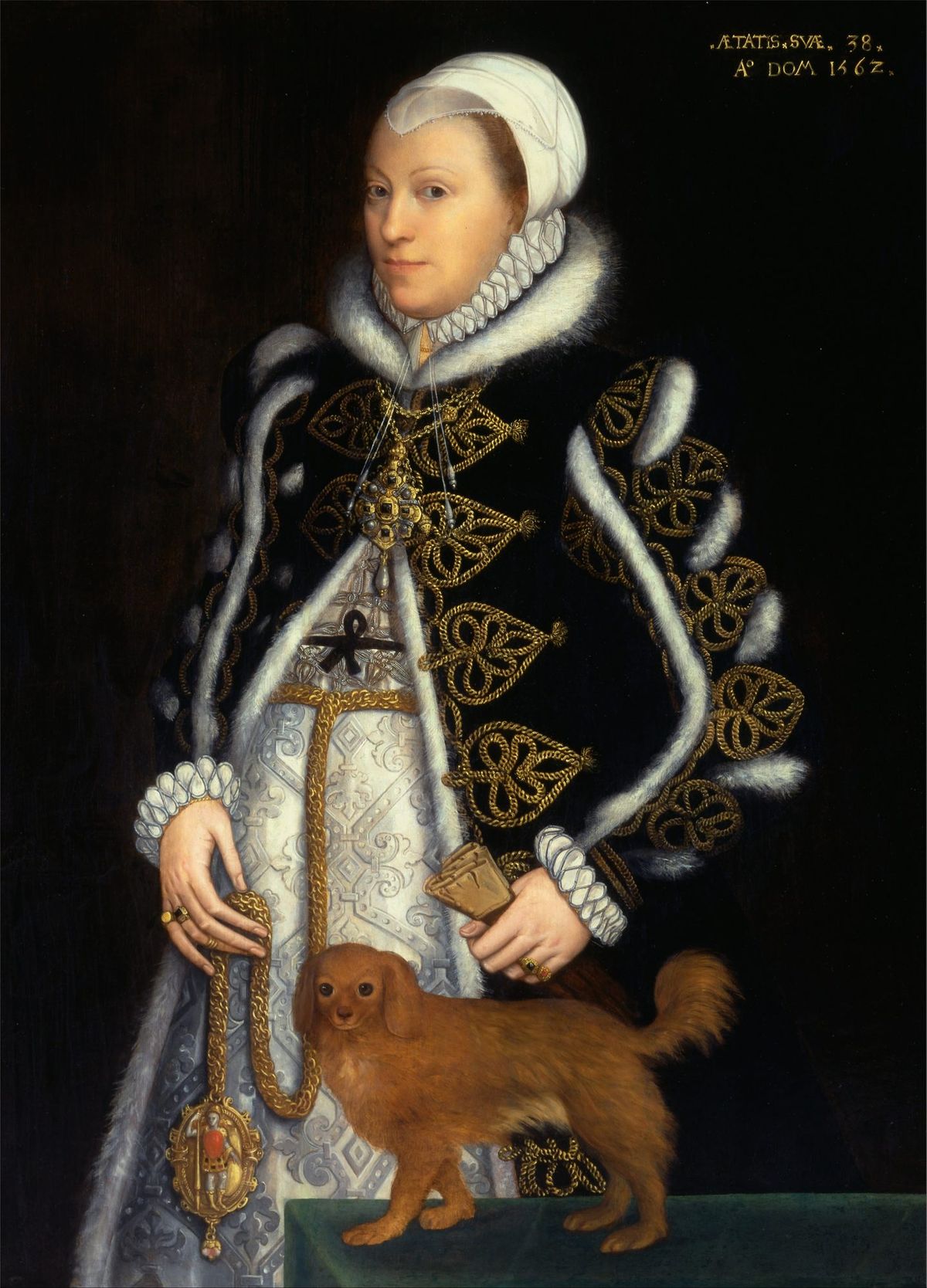 Three-quarter-length portrait of a woman in a white cap and ruff and a black fur-trimmed gown with gold braid, a small dog on a table beside her.