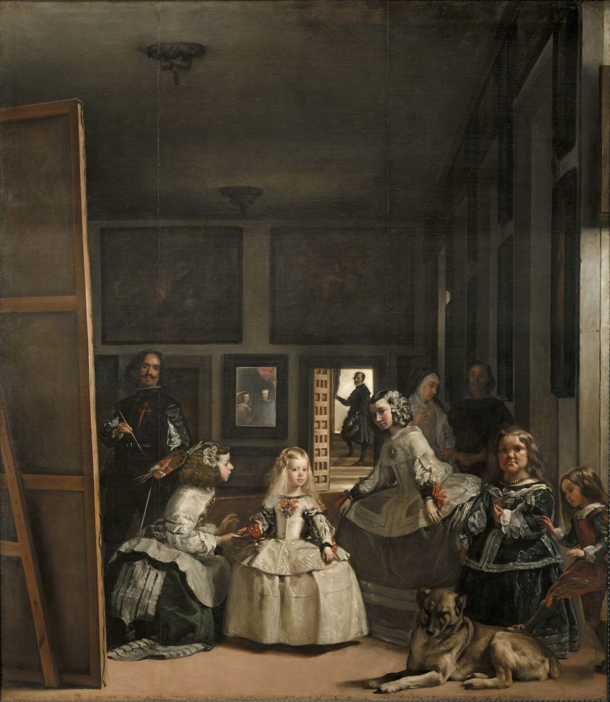 Painted room: a small girl in a silver dress among attendants, a painter, and a dog.