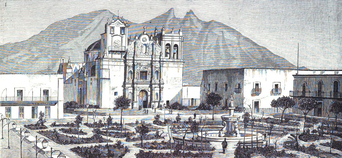 An engraving of a cathedral with a carved stone facade and a bell tower on a plaza with a fountain and trees, with jagged mountains rising behind.