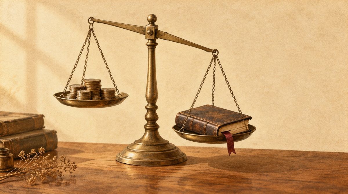 A balance scale with a stack of coins in one pan and a small bound register with a ribbon bookmark in the other, tipping slightly toward the book.