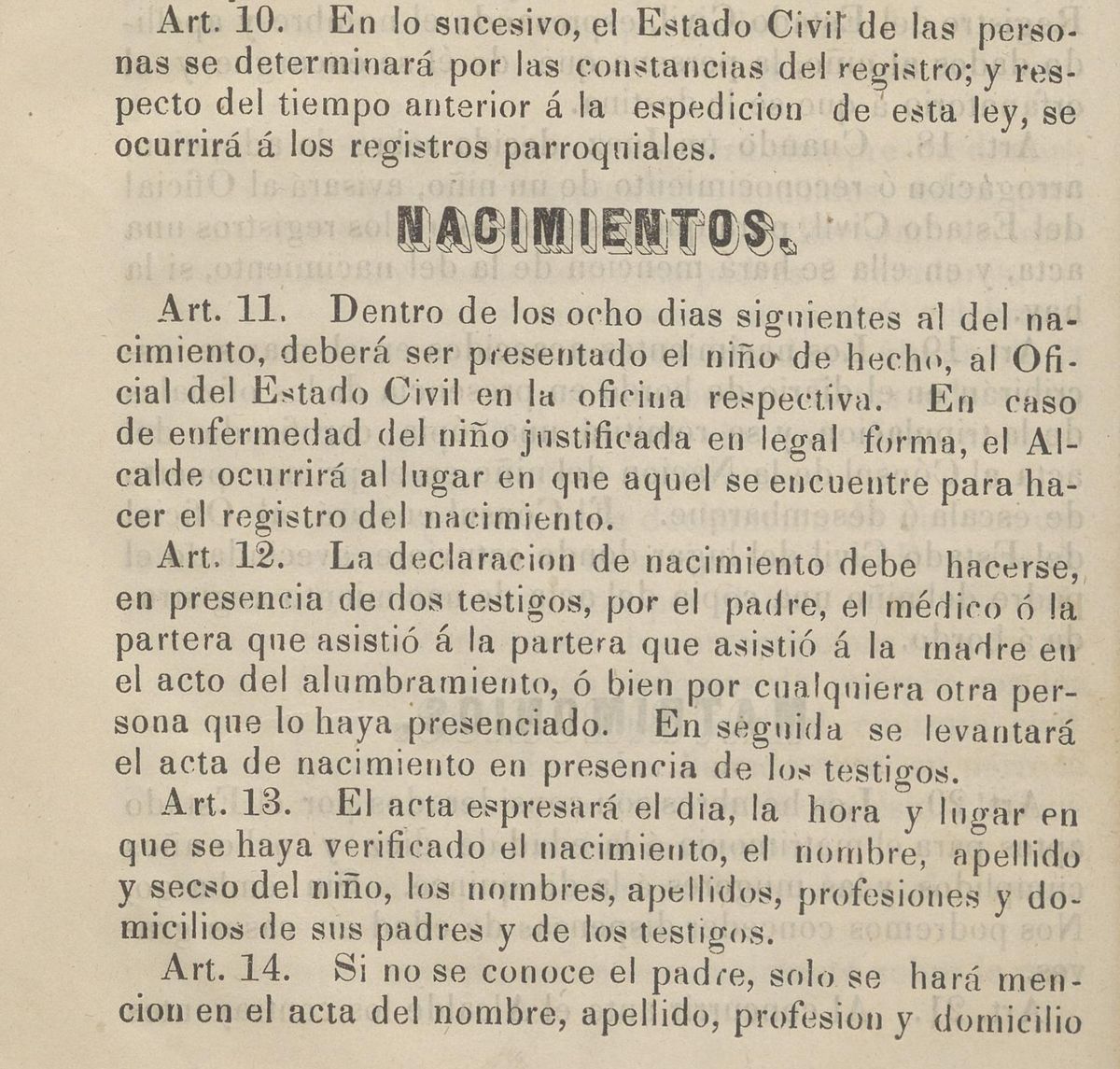 A printed Spanish law page headed NACIMIENTOS, with articles 10 to 14 on the civil registration of births in black type on cream paper.