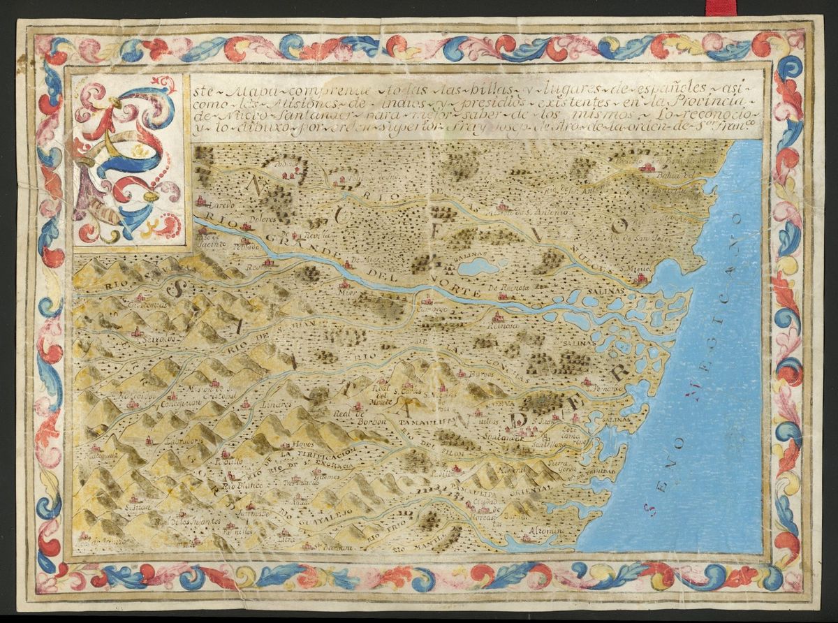 A hand-painted map of Nuevo Santander with the Rio Grande crossing to the Gulf.
