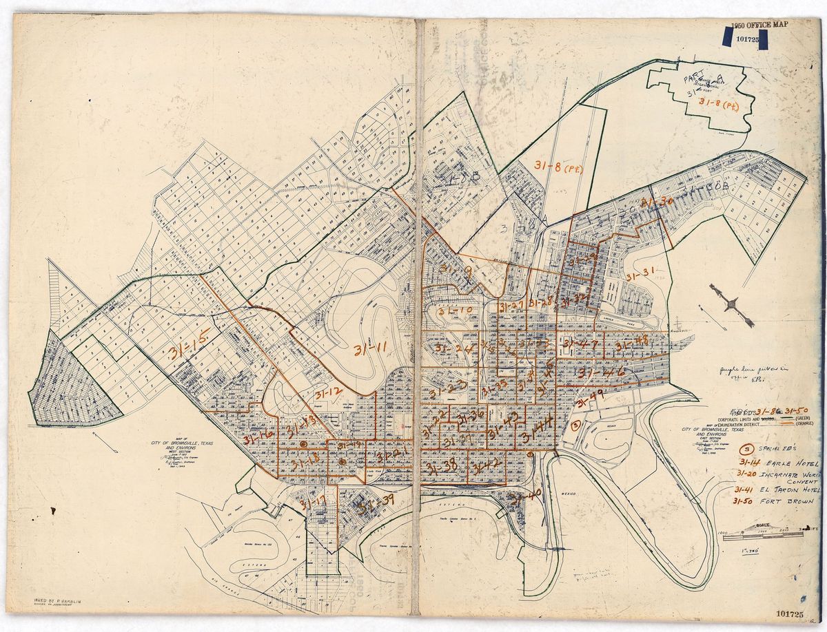 A cream-colored 1950 map of Brownsville, Texas, its streets overlaid with orange outlines and numbers marking census enumeration districts.