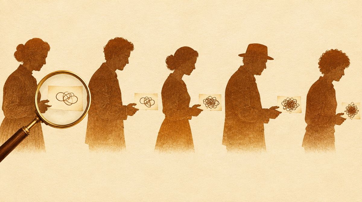 A game of telephone drawn as a row of silhouettes passing a slip of paper, the handwriting on the slip getting messier at each hand, with a magnifying glass over the first slip.