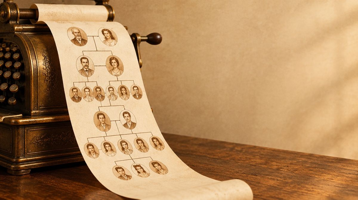 An illustration of a pedigree chart drawn as a receipt tape unrolling from a cash register, with line items reading 1900, 1800s, 1700s and 1600s.