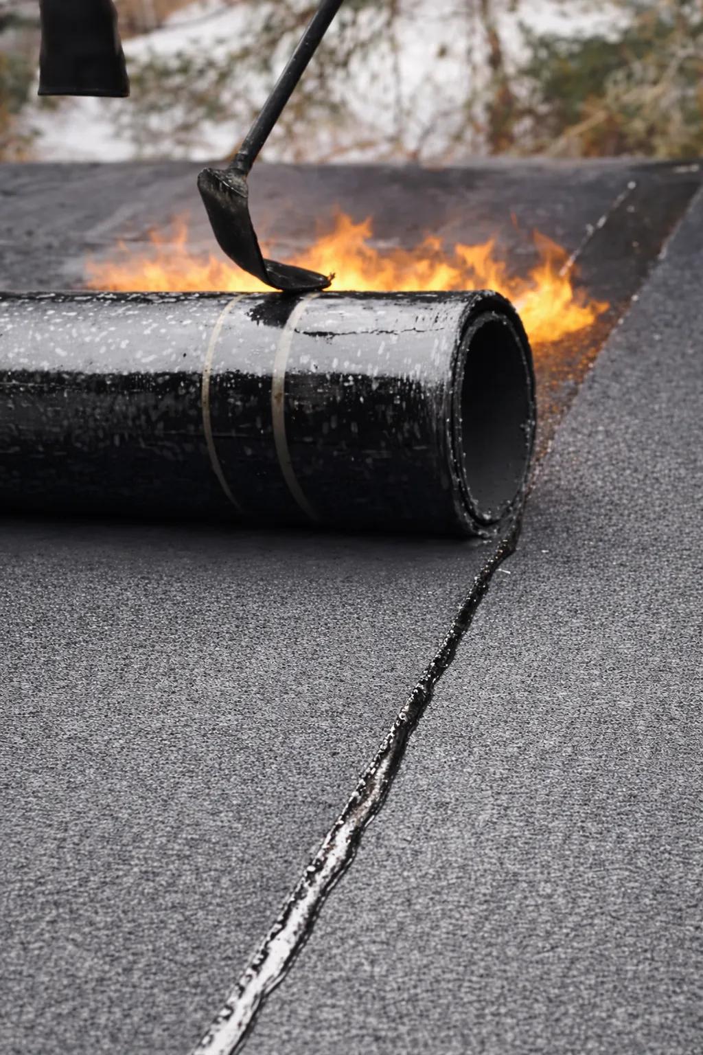 Installation de membrane élastomère au chalumeau sur toiture plate