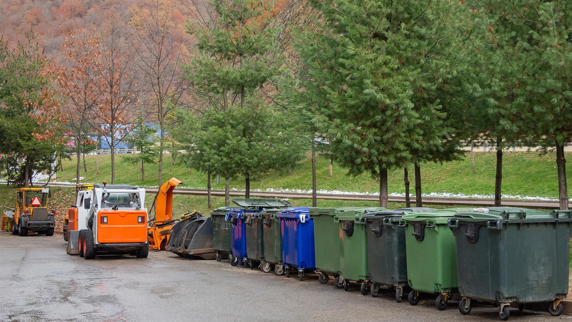 A row of trash cans