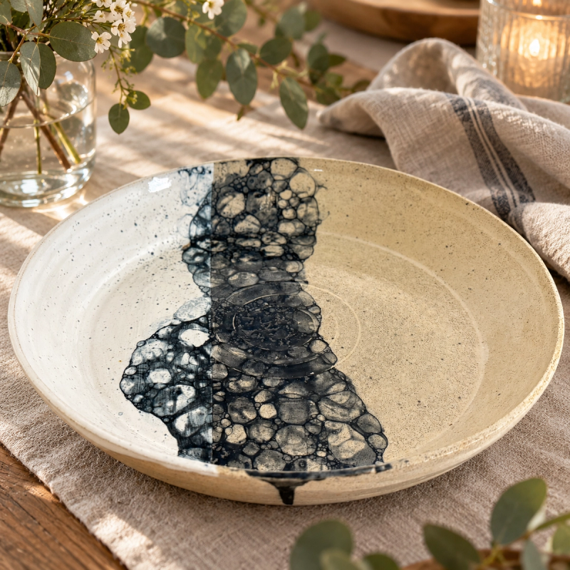 Handgjort keramikfat i beige stengods med ett unikt svart och grått bubbligt mönster, vackert placerat på ett rustikt träbord med linne och blommor.
