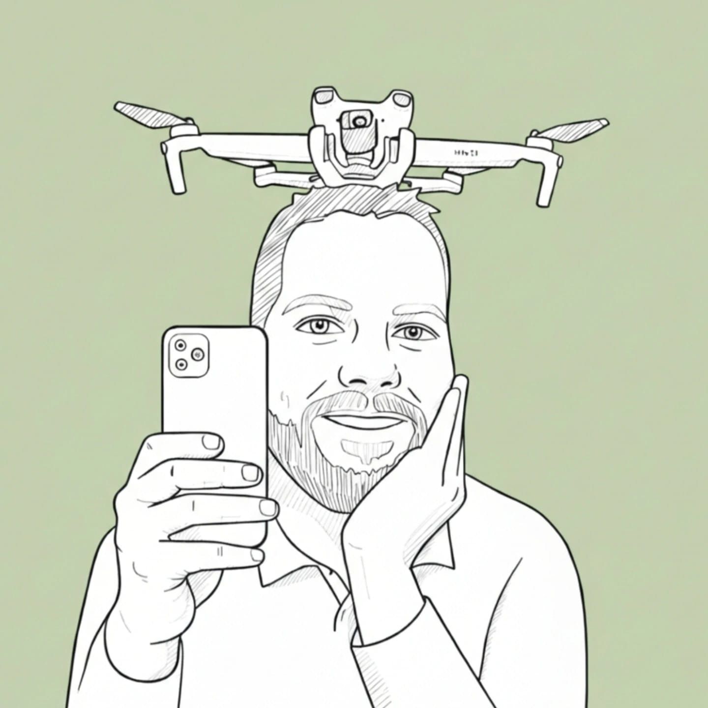 Borja con un dron en la cabeza haciendo una foto con el móvil