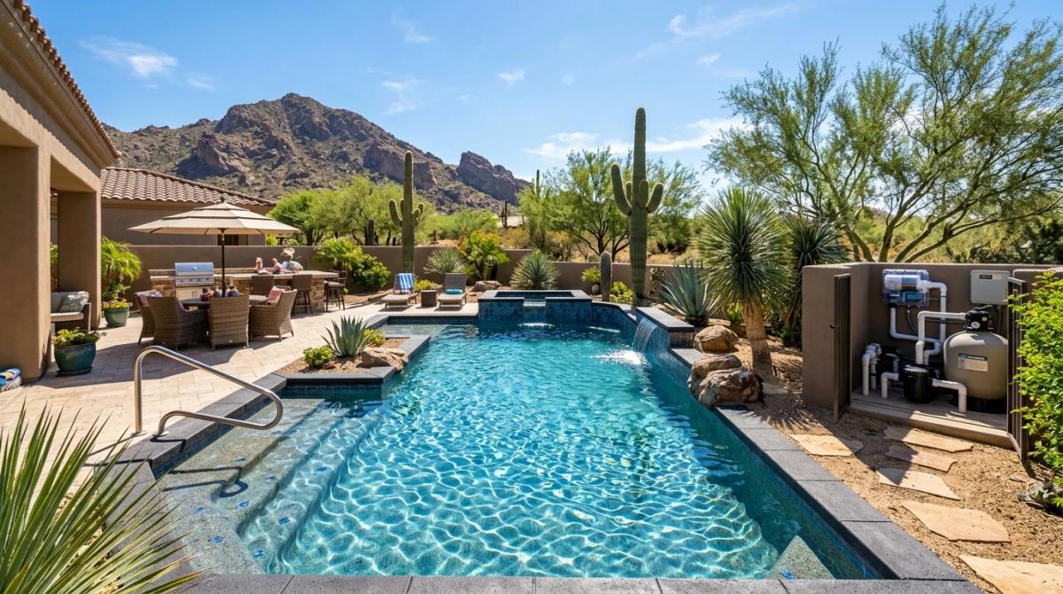 A crystal-clear salt water swimming pool in a Scottsdale, AZ backyard with desert landscaping, a visible salt cell unit on the pool equipment pad, and sparkling blue water reflecting the Arizona sun.