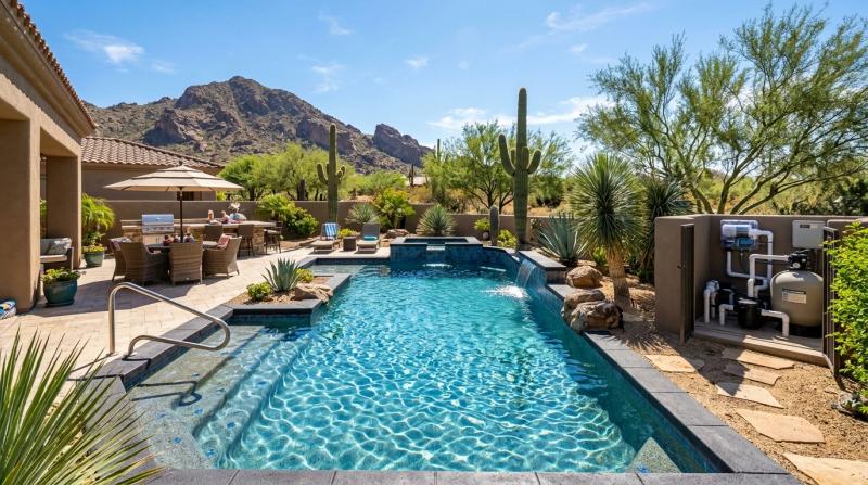 A crystal-clear salt water swimming pool in a Scottsdale, AZ backyard with desert landscaping, a visible salt cell unit on the pool equipment pad, and sparkling blue water reflecting the Arizona sun.