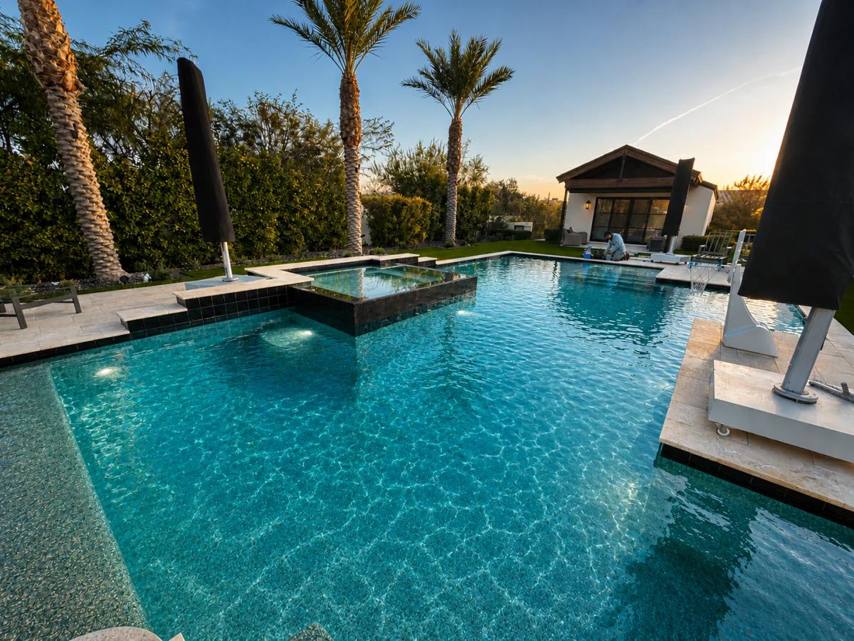 A wide-angle photo of a freshly replastered swimming pool with smooth white plaster finish, sparkling blue water filling in, set in a Scottsdale, AZ backyard with clean pool deck and desert landscaping under bright sunlight.