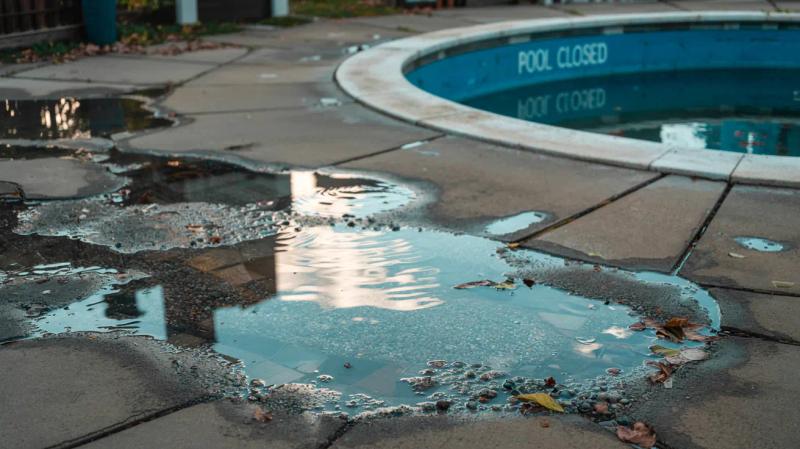 A photo of water puddling on the concrete around a residential pool