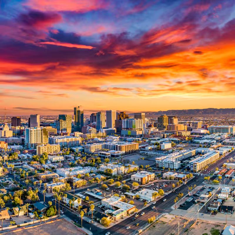 Sunset city skyline shot of Phoenix, Arizona