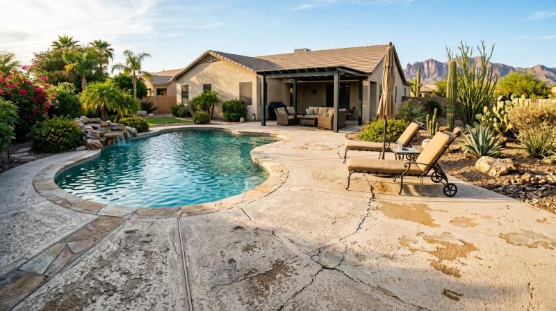 A wide-angle photo of a beautifully resurfaced cool deck pool area in a Mesa, AZ backyard, with clean concrete surfaces, a sparkling swimming pool, desert landscaping, and warm Arizona sunlight.