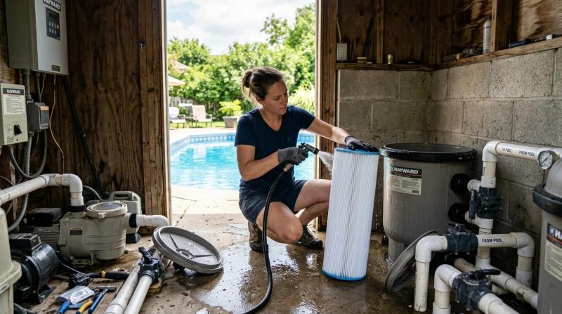 woman cleaning a pool filter cleaning in SCOTTSDALE