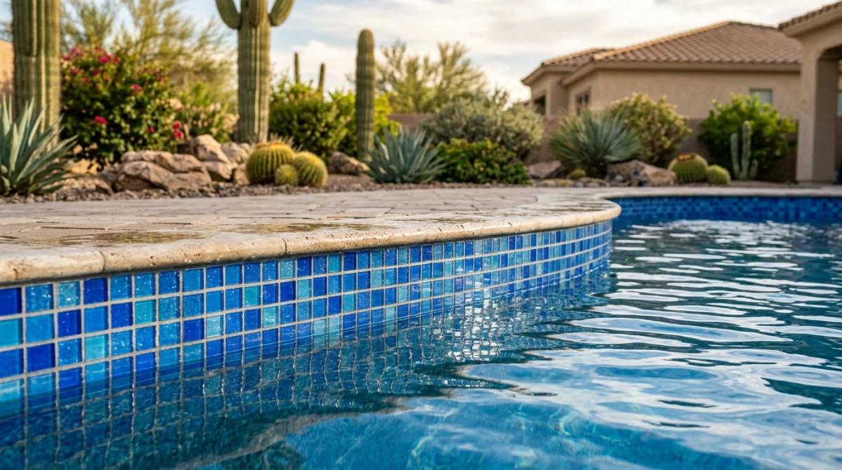 A close-up photo of a freshly tiled swimming pool waterline with clean blue glass mosaic tile, sparkling water, and a Scottsdale, AZ backyard setting with desert landscaping in soft natural sunlight.