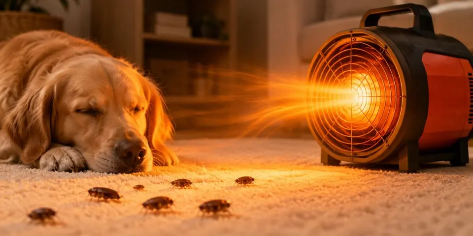 heat_treatment_equipment_heating_fleas_on_floor_with_dog_beside_them