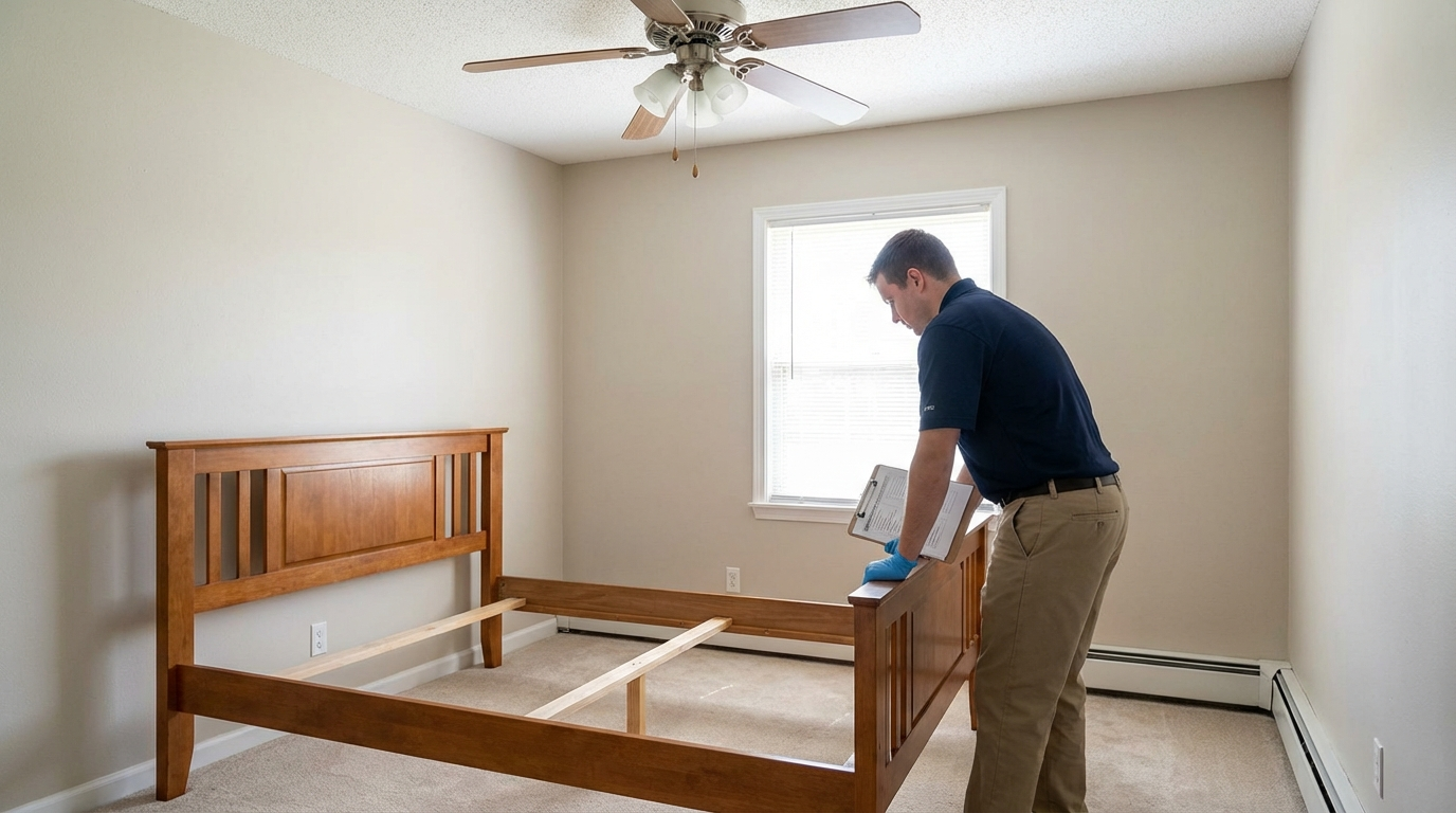 Technician preparing a bedroom for bed bug heat treatment with a simple checklist.
