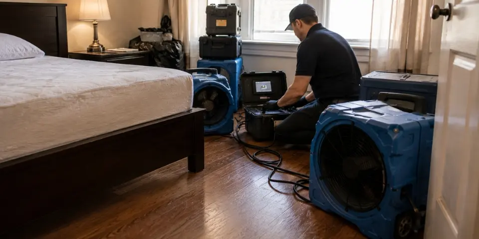 man_preparing_bed_bug_heaters_in_bedroom