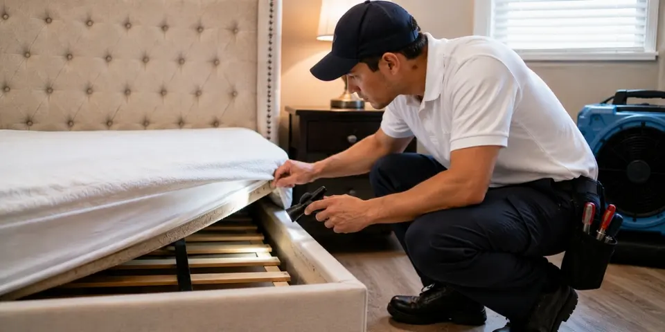 man_inspecting_under_mattress_using_flashlight